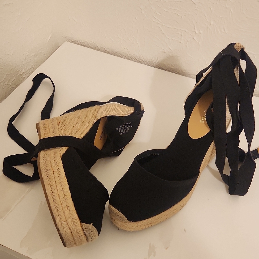 Black Espadrille Wedge Sandals